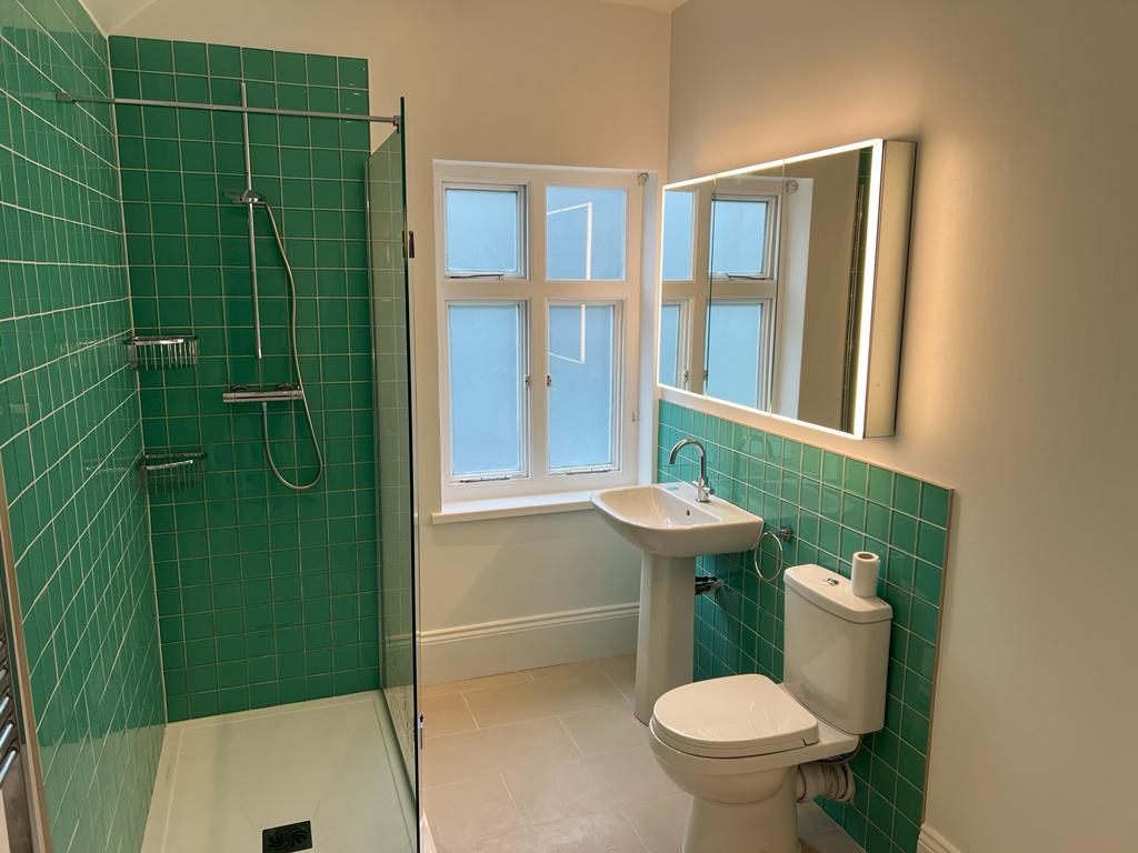 Green painted bathroom with basin and mirror