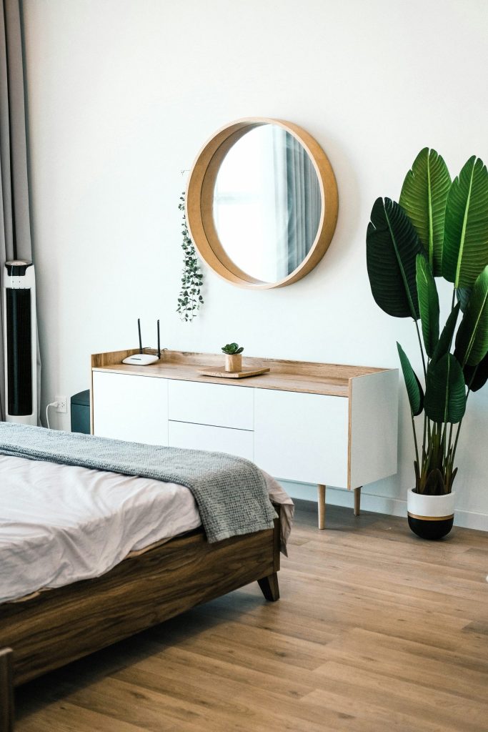 Bedroom with a round mirror and large houseplant against a painted wall